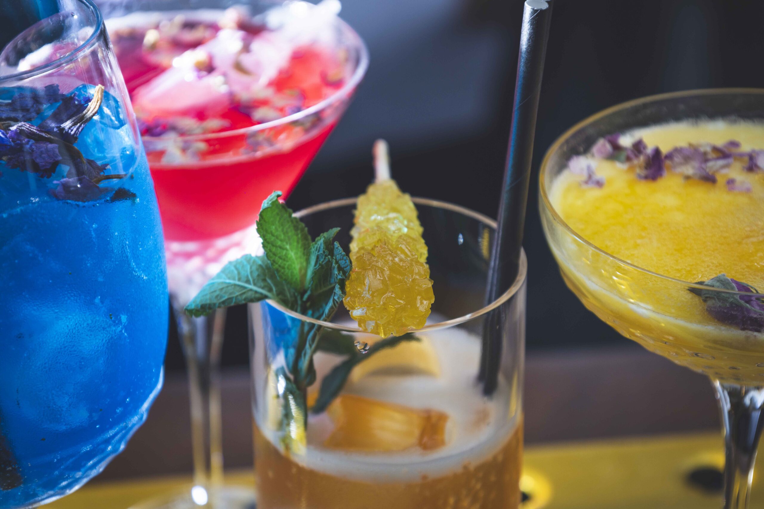 Selection of brightly coloured cocktails